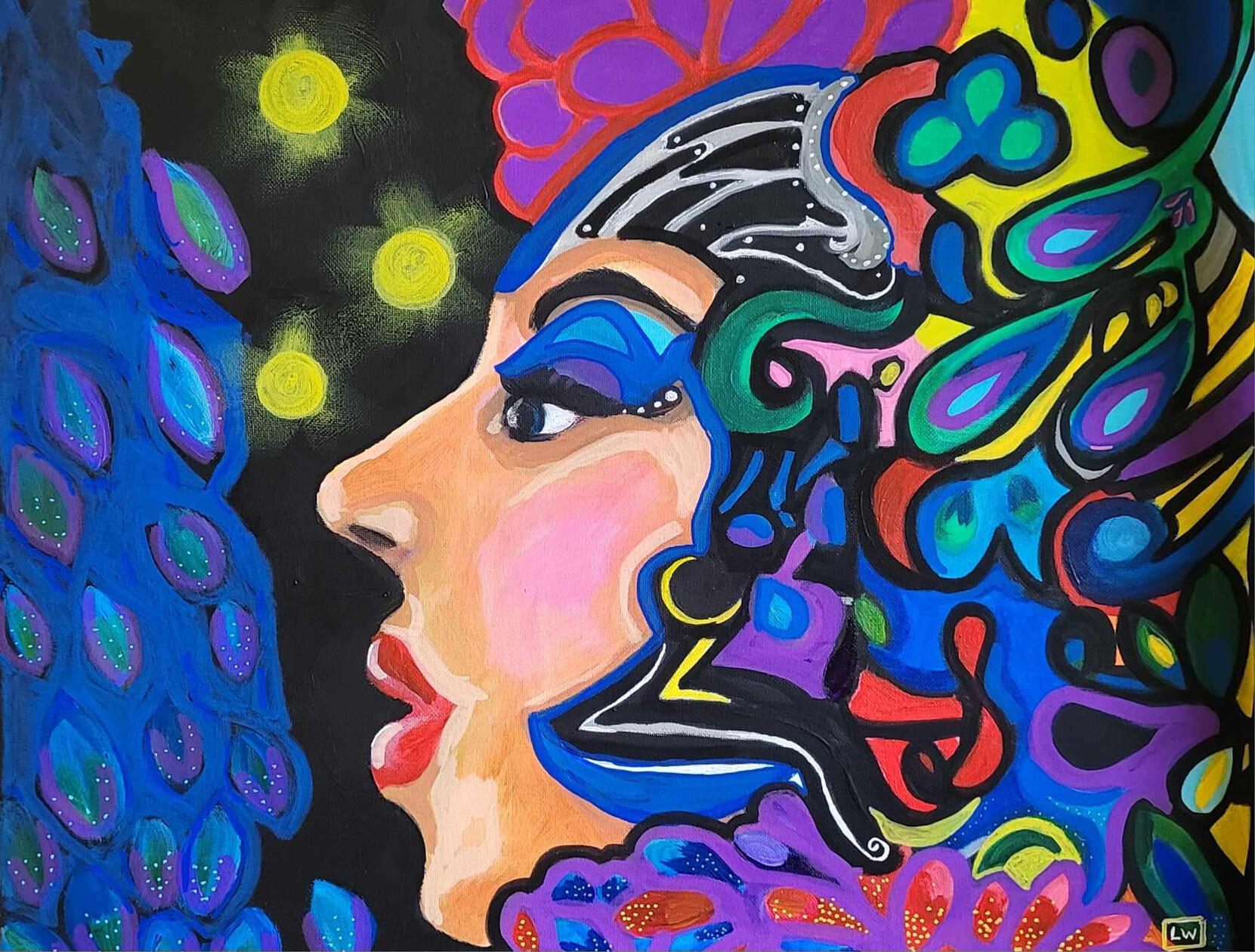 original painting by singerluciewalker of a profile of woman wearing a multicoloured headdress