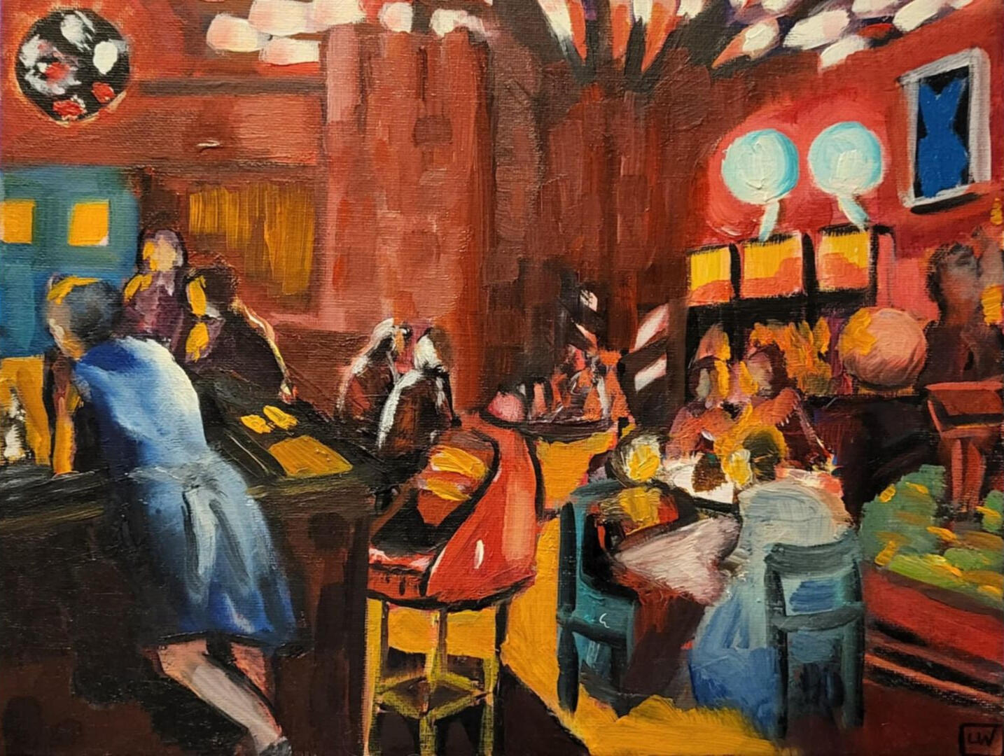original painting by singerluciewalker of a red/orange toned bar scene