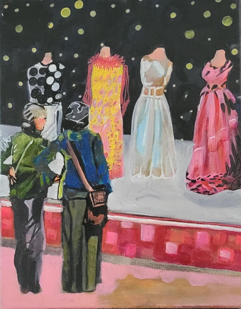 original painting by singerluciewalker of two women window shopping, looking at 4 dress designs on mannequins in a store window