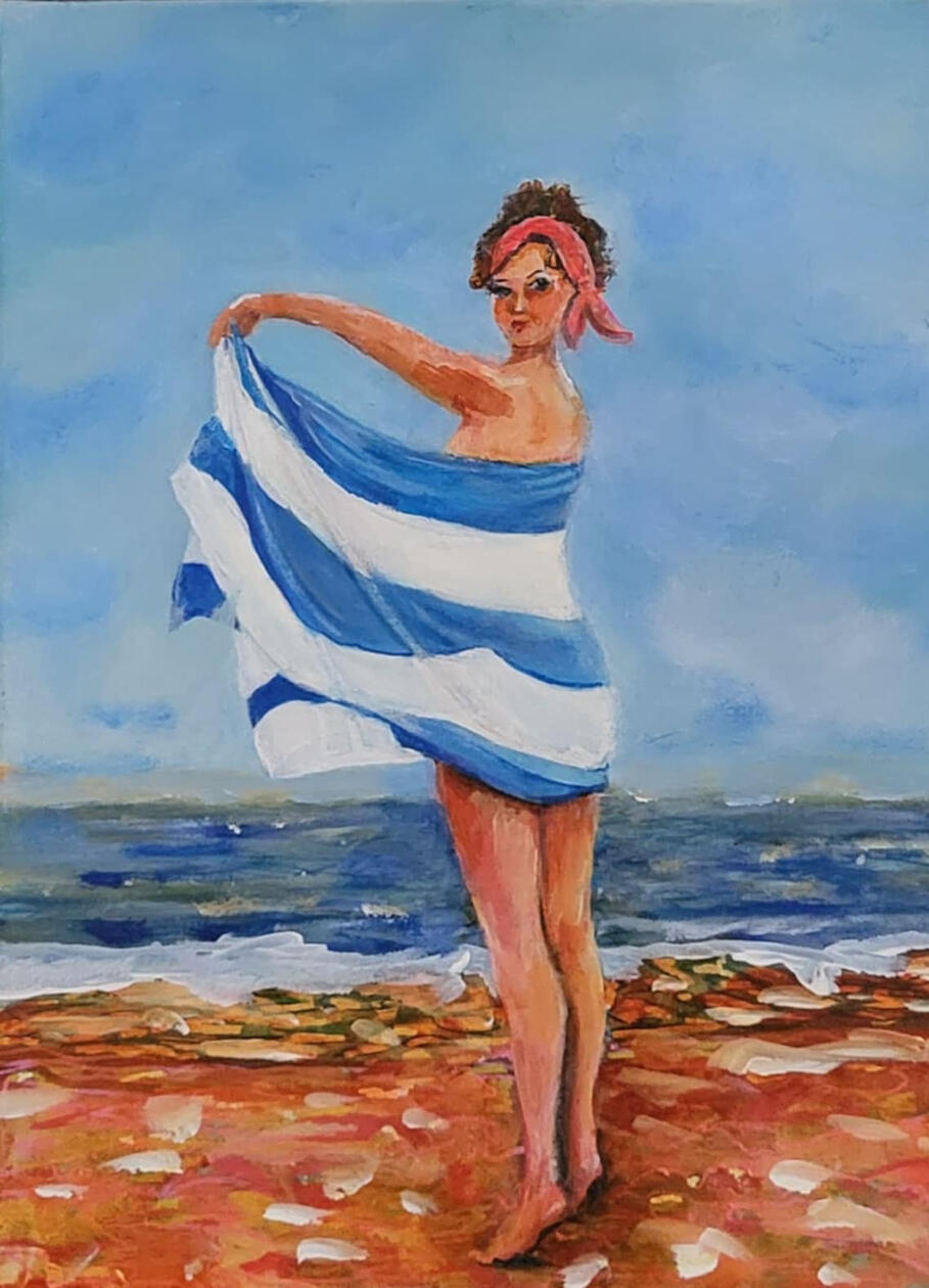 original painting by singerluciewalker of a cheeky girl with her back turned from the viewer, holding open a towel to reveal only what the ocean can see. She is on a beach looking playfully at the viewer