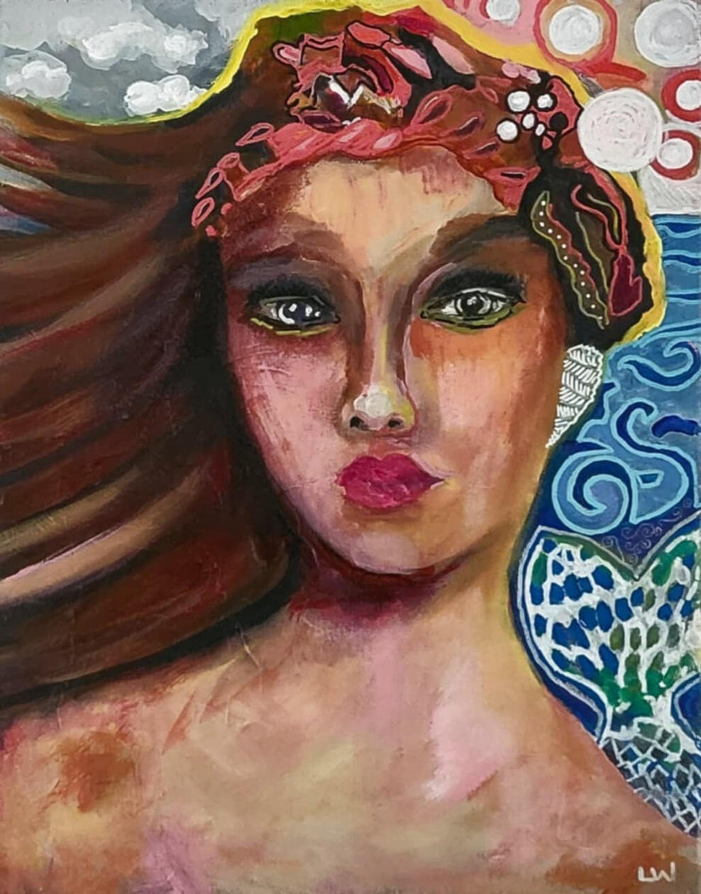 original painting by singerluciewalker of an island girl looking at the viewer with breen eyes. To her side in the back, is a mermaid's tail