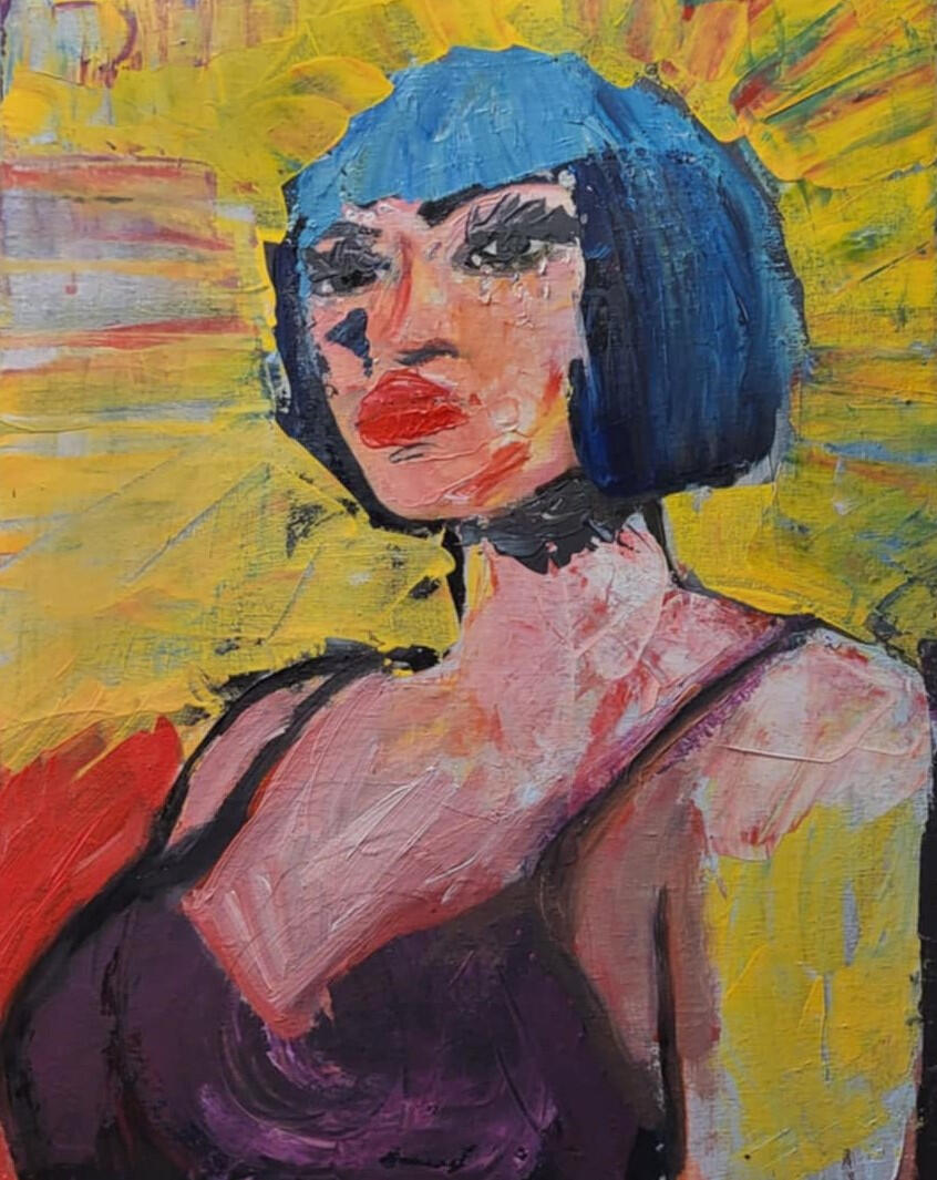 original painting by singerluciewalker of an edgy pouty woman with blue hair and a purple camisole, on a yellow background