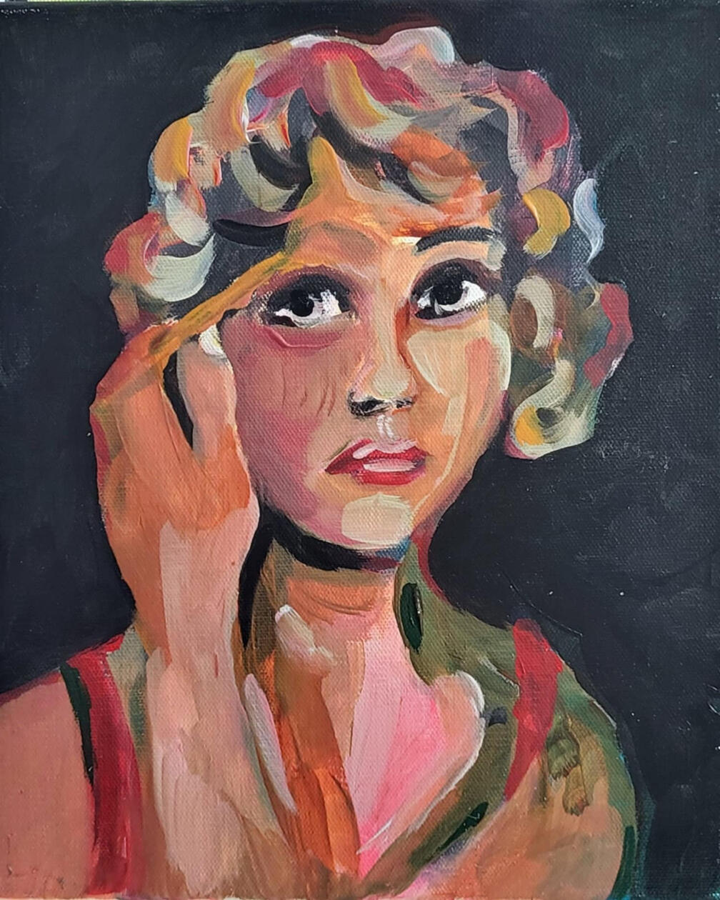 original painting by singerluciewalker of a woman applying eye make-up, as if she is looking in the mirror