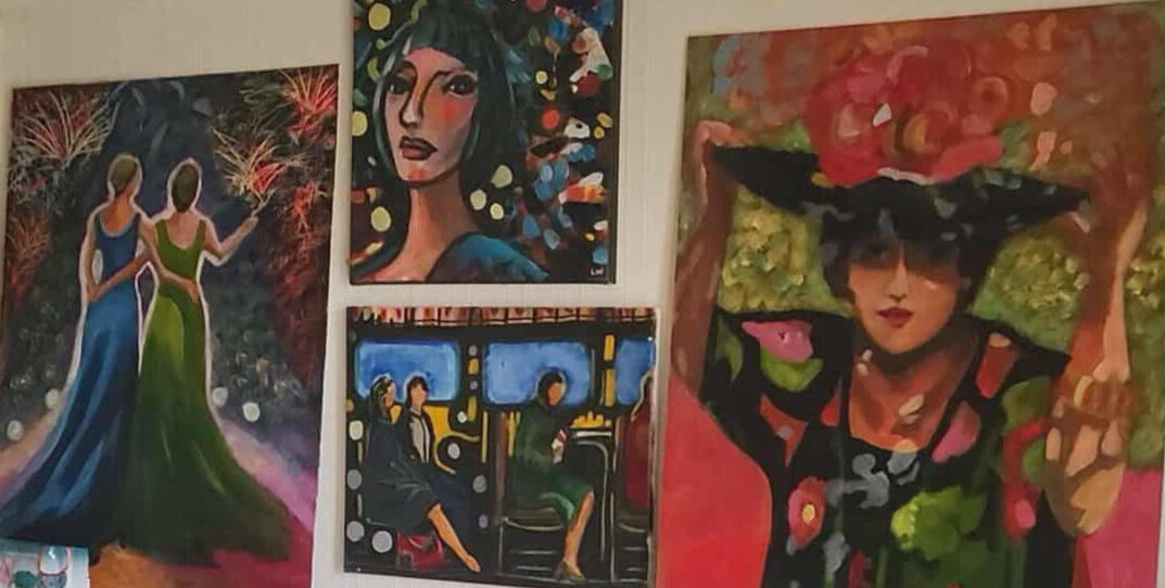 original painting by singerluciewalker advertising private painting workshops - whimsical women and paint yourself happy