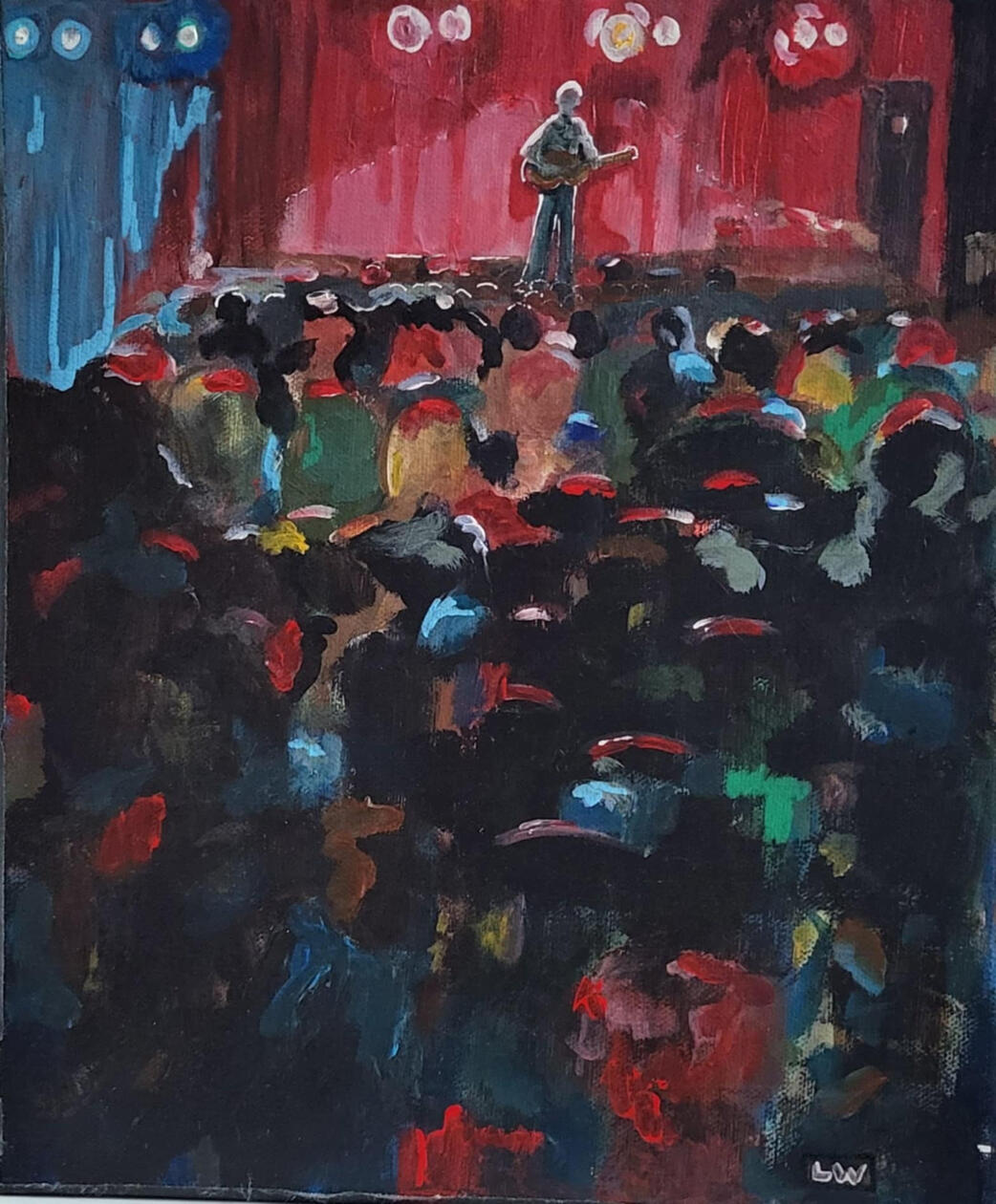 original painting by singerluciewalker of an audience watching a young man with a guitar perform on a red stage