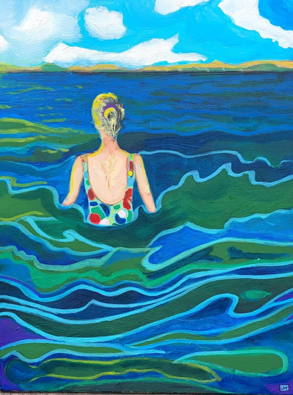 original painting by singerluciewalker of a lone woman with her back facing away, in the middle of the ocean, wearing a colorful bathing suit. Impressionist style