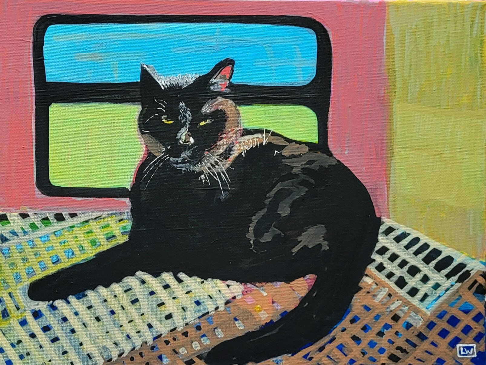 original painting by singerluciewalker of a black cat on a crocheted blanket, with a pink and green background, in front of a window