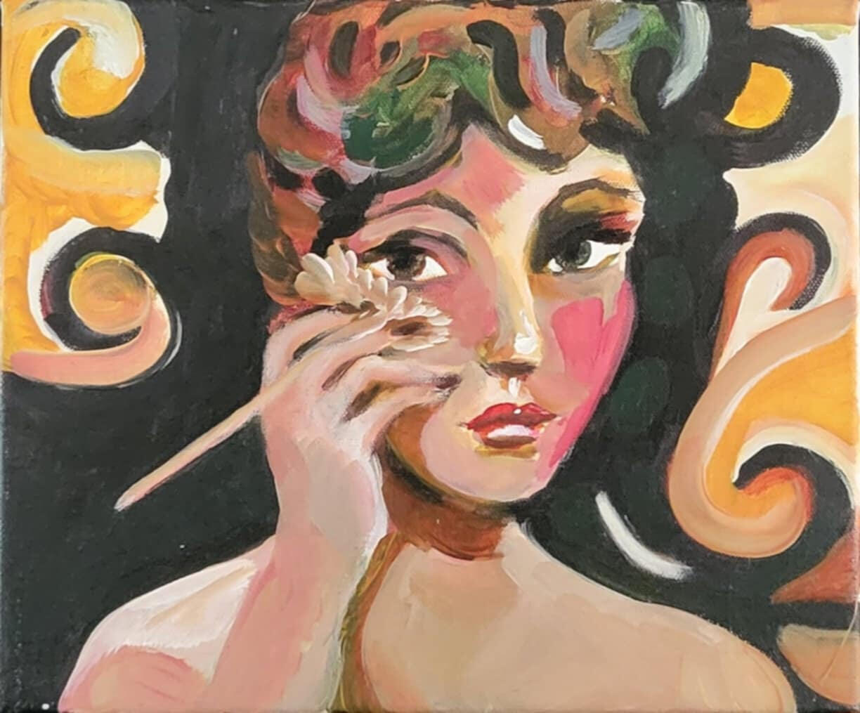 original painting by singerluciewalker of a woman looking at the viewer as if into a mirror, applying blush with a brush. She has large eyes and is on a black and colorful swirly background