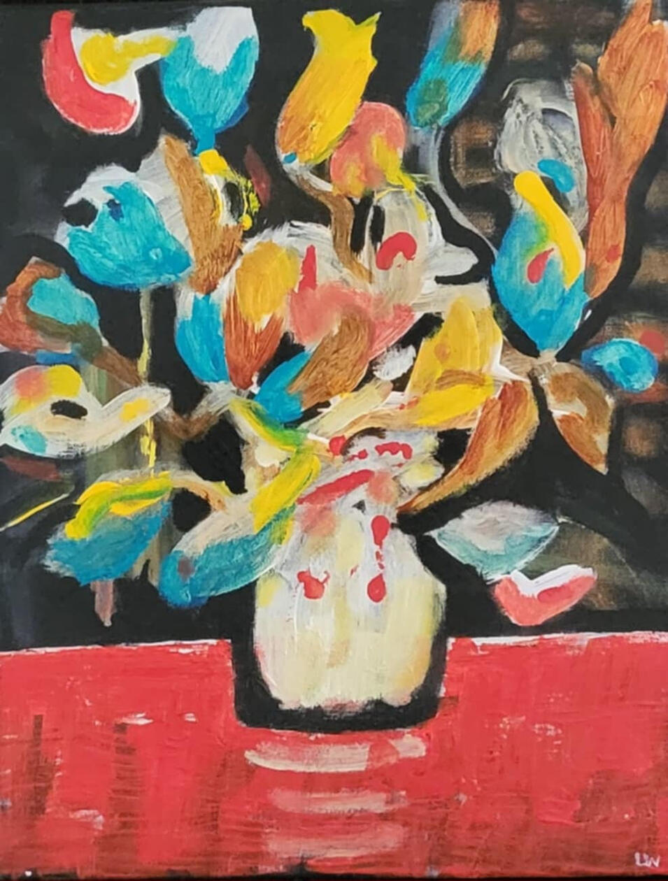 original painting by singerluciewalker of a wild and colorful floral bouquet in a vase, sitting on a red table