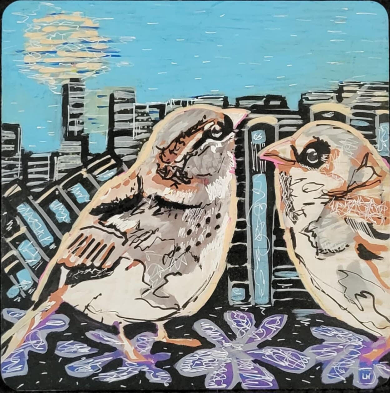 original painting by singerluciewalker of two sparrows in an urban setting