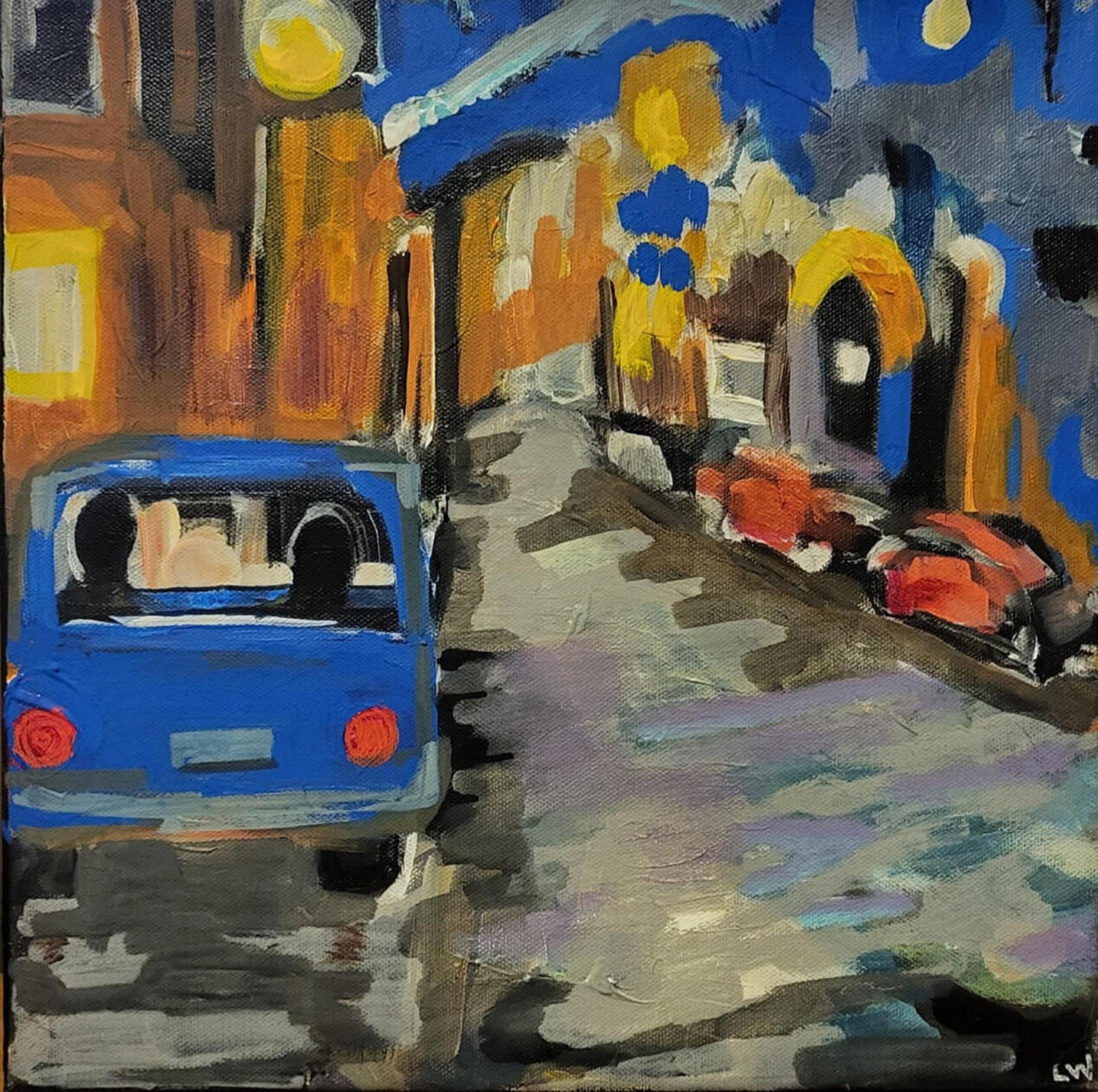 12"x12" acrylic painting of a car with two silhouetted people in it, from behind, parked on the left side of the street in a little impressionist style colourful town