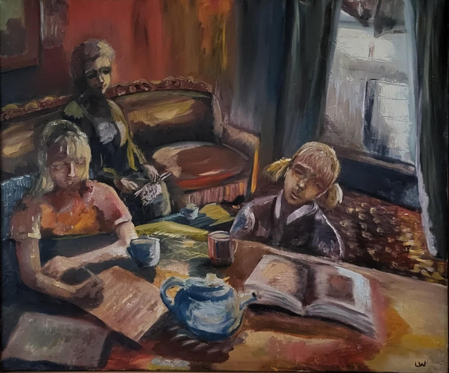 original painting by singerluciewalker of a vintage scene: A mother with some knitting on her lap, seated on an antique sofa, watching her young daughters do their homework on the kitchen table.