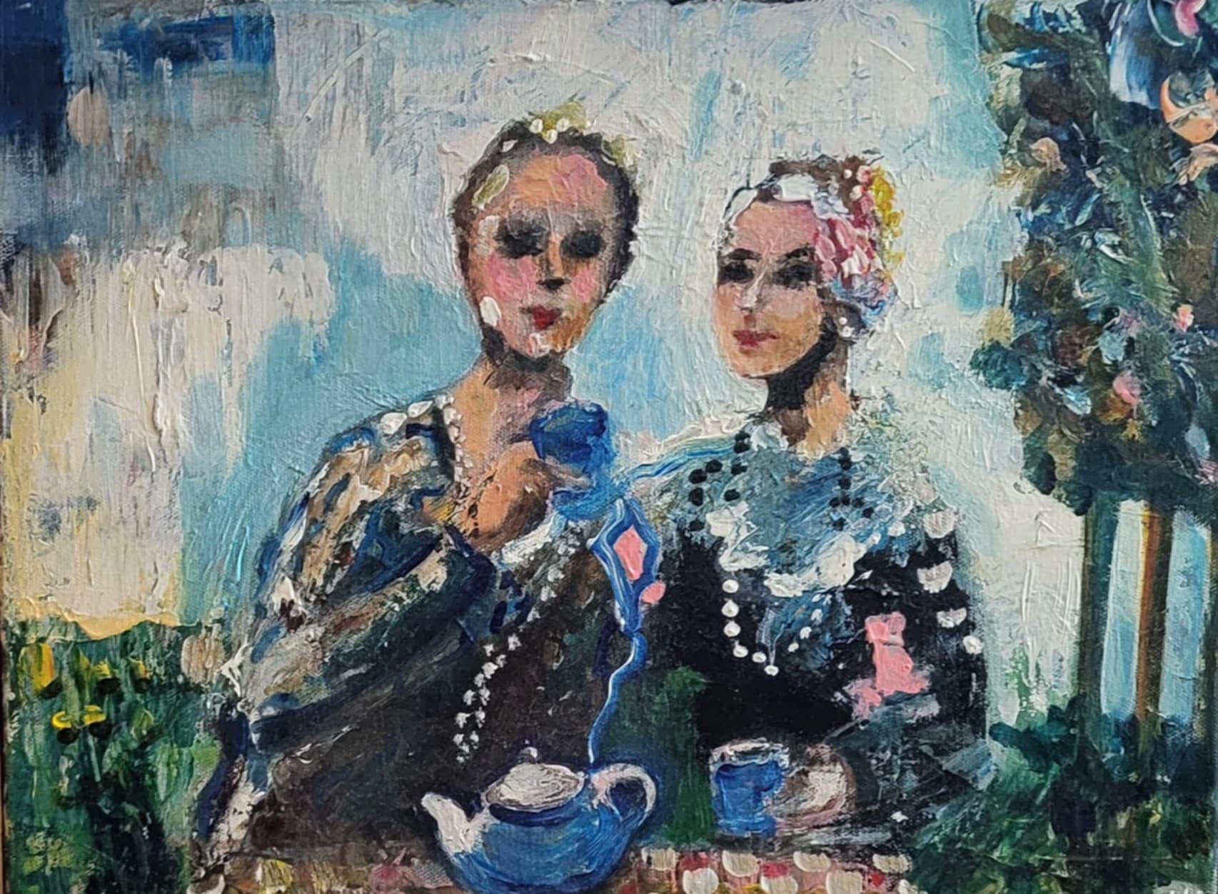 original painting by singerluciewalker of two lovely older women having tea from a blue teapot