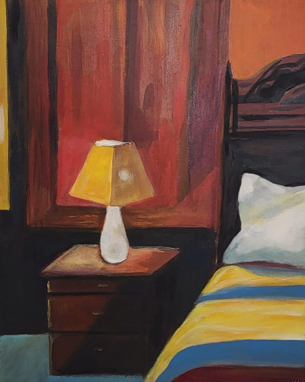 original painting by singerluciewalker of a serene bedroom scene with a bedside table and part of a bed, with light streaming through