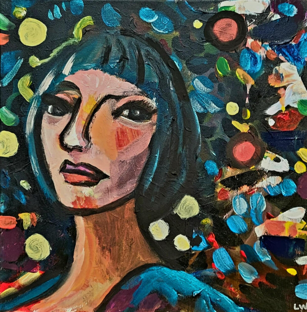 original painting by singerluciewalker of a woman with dark blue hair staring in an intense non-smiling way at the viewer. She has a bob haircut and large black eyes, and is against a colorful bokeh background