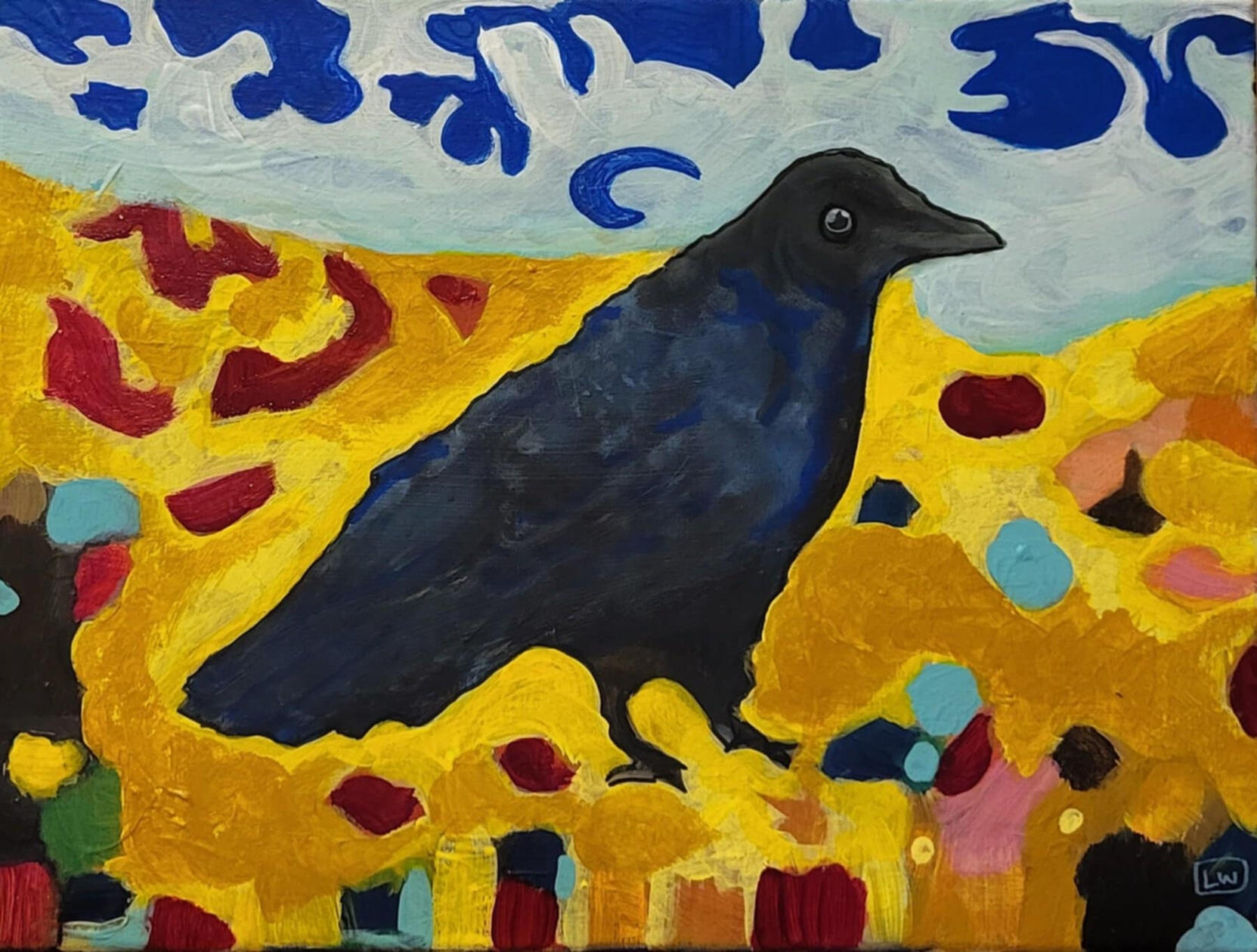 crow magnum is a 12"x16" acrylic painting on canvas of a black crow with blue highlights on against a wild white and blue sky, standing on a yellow and gold beach with multi-coloured rocks scattered. Impressionist style.