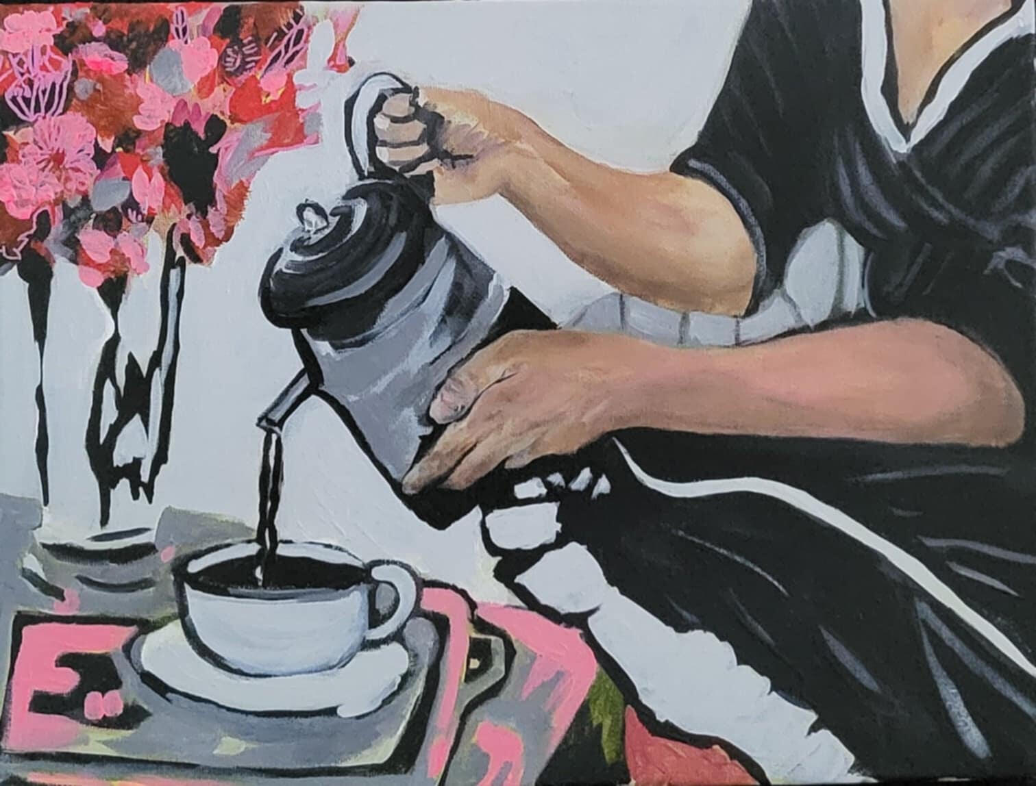 original painting by singerluciewalker of the hands of a woman in a maid uniform, pouring coffee into a white cup, next to pink flowers in a clear vase