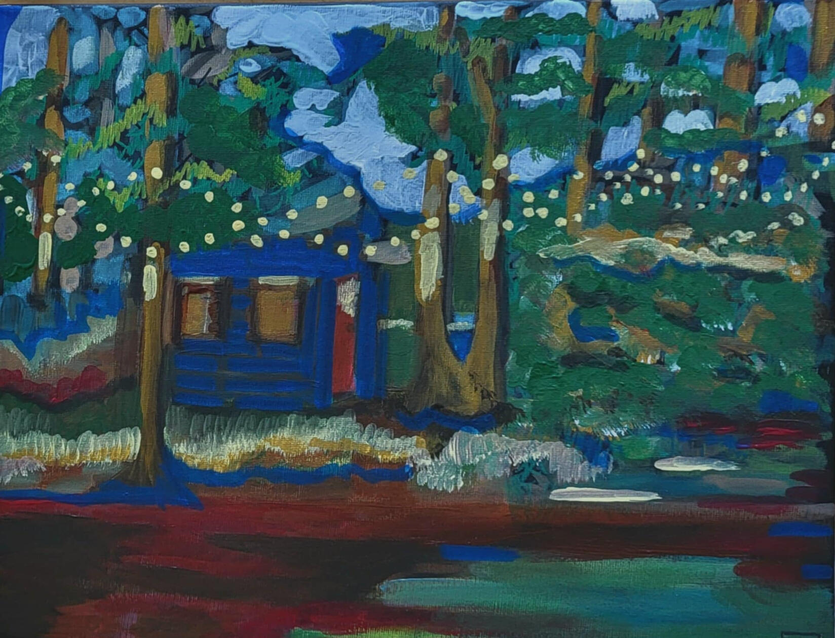 original acrylic painting by singerluciewalker of a cabin in the woods with fairy lights