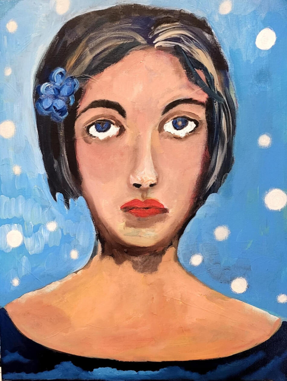 Sad woman with teary eyes, with a blue barette in her short black bob, against a blue background with white circles everywhere