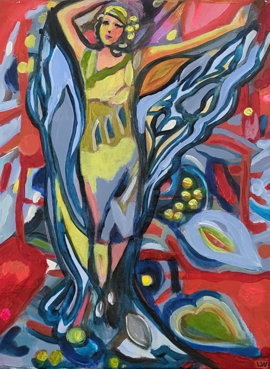 original painting by singerluciewalker of a goddess in a multi-coloured flowing gown