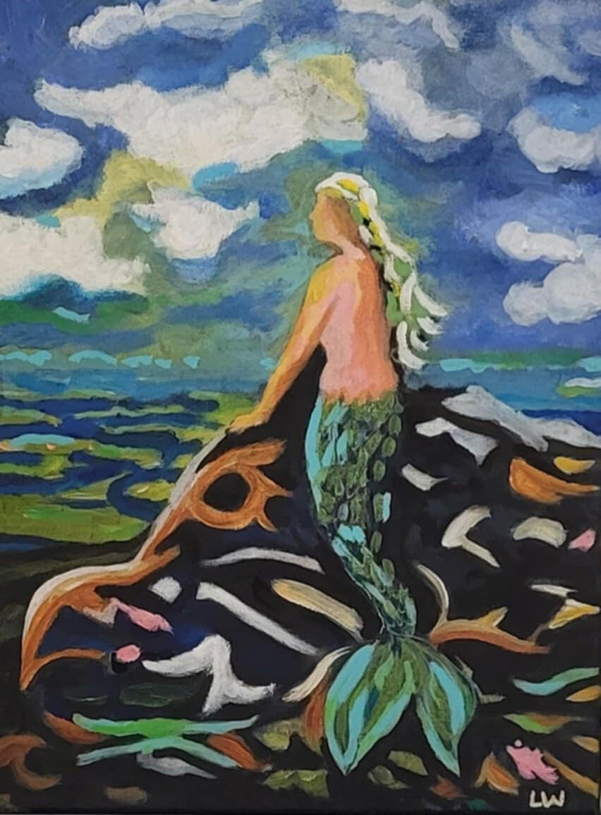 original painting by singerluciewalker of a whimsical mermaid of blue and green with yellow sitting on a rock looking at the sea