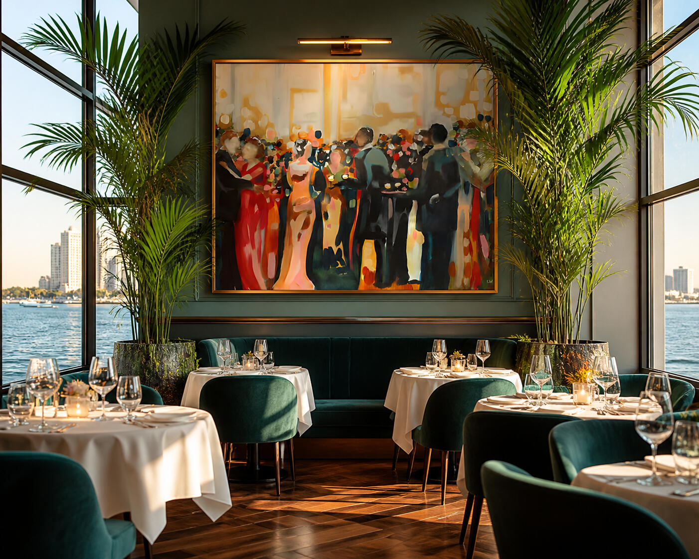 A lively, painterly scene of a crowded evening gathering, where elegantly dressed figures in rich reds, blacks, and warm tones stand and mingle under glowing light. Faces are softened and abstracted, emphasizing movement, atmosphere, and the energy of a ro