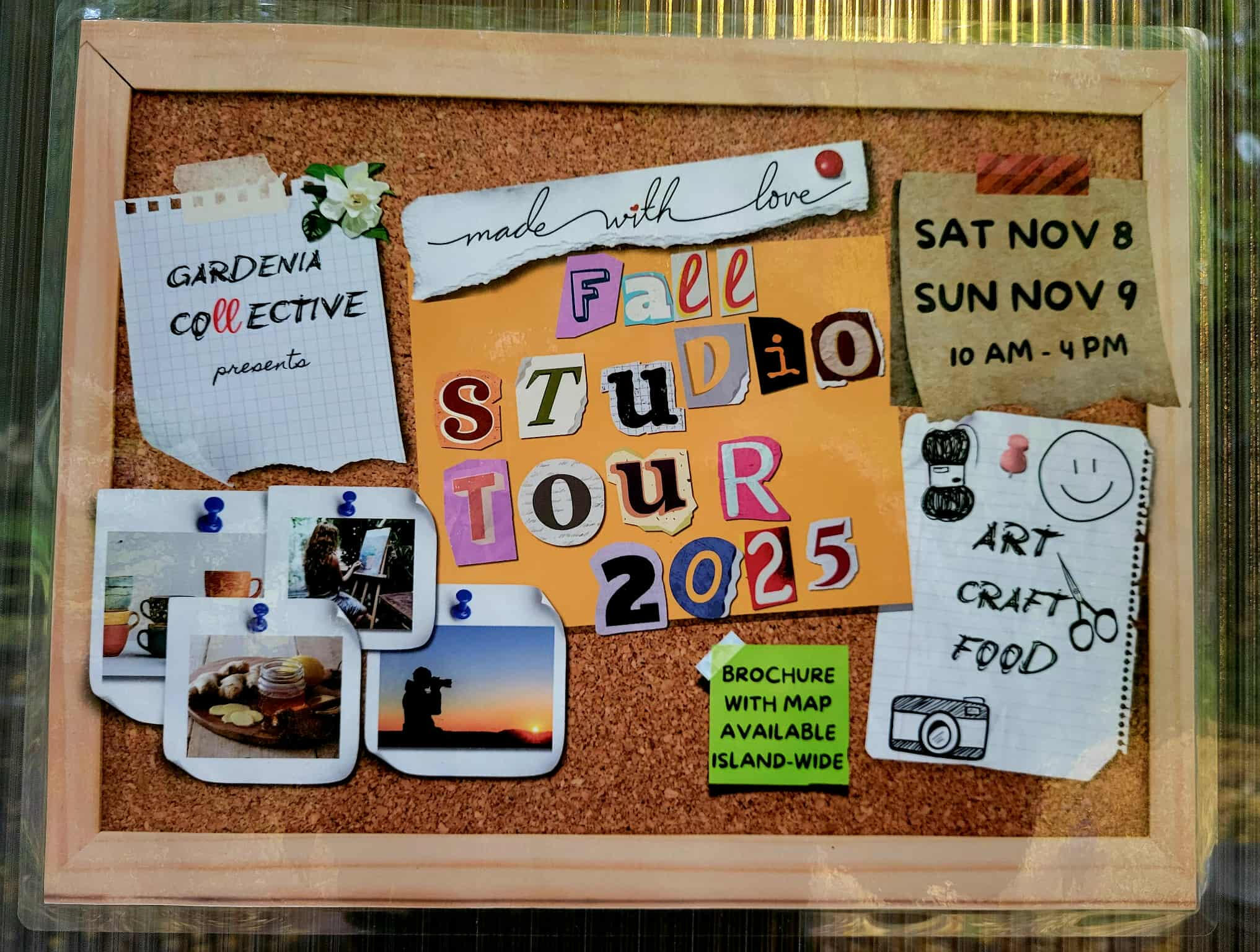 photo by Lucie Walker photof of a ceramic crow, a ceramic plate of gemstones, a lit salt lamp, a fern, some hanging ornaments in a window