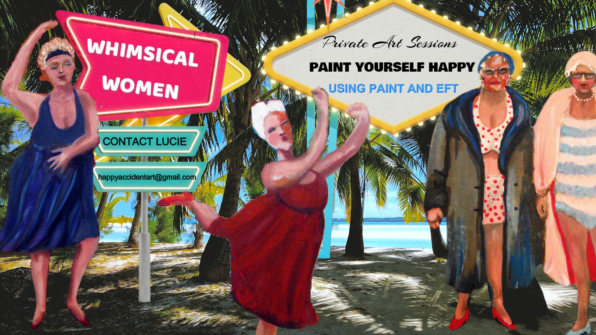 original painting by singerluciewalker advertising private painting workshops - whimsical women and paint yourself happy