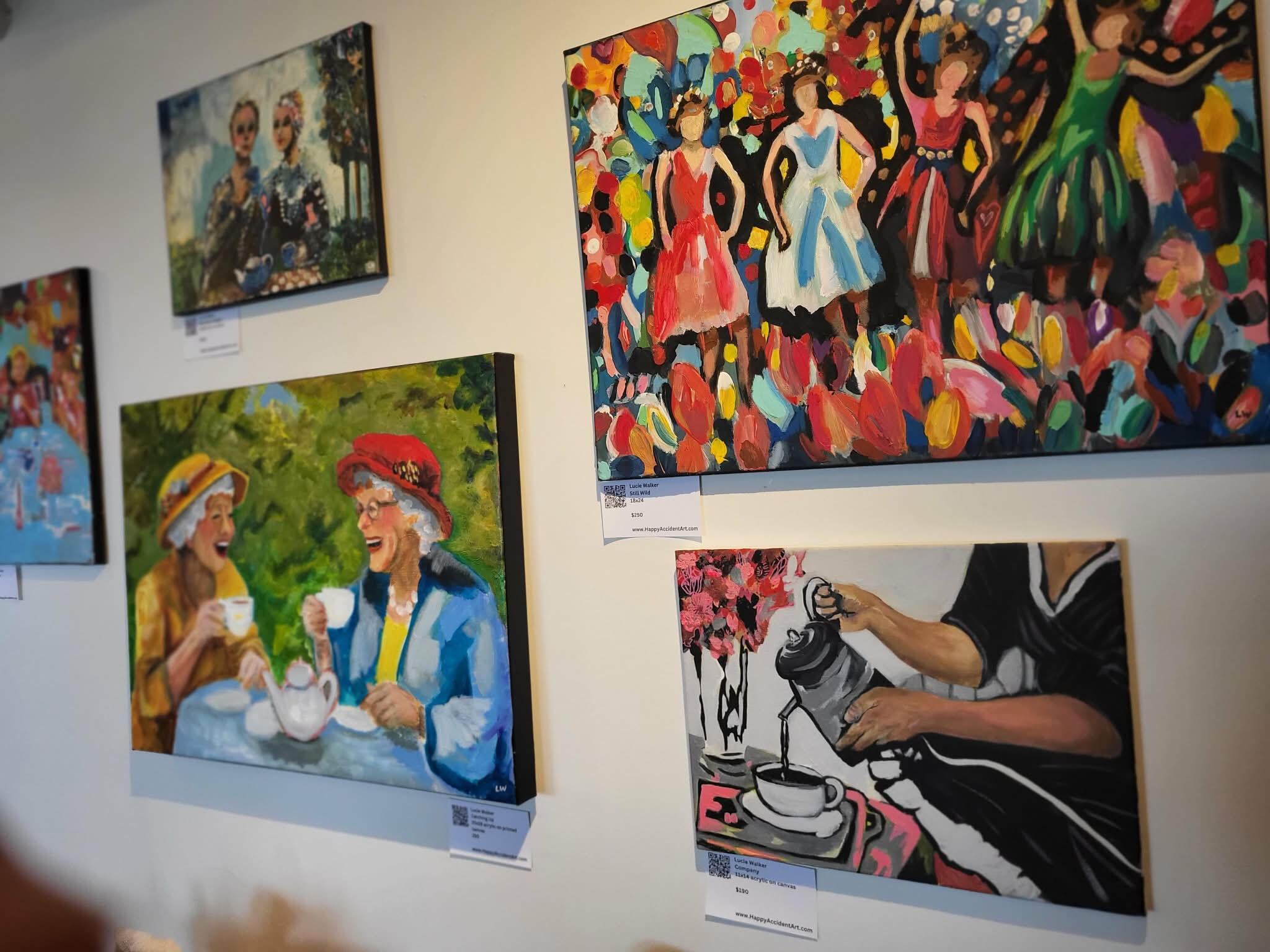 original painting by singerluciewalker advertising private painting workshops - whimsical women and paint yourself happy